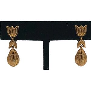 CROWN TRIFARI Signed Gold Tone TULIP FLOWER Dangle CLIP EARRINGS Vintage